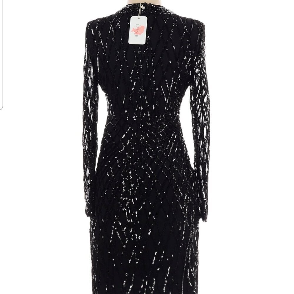 NWT L'ATISTE Black Sequin Long Sleeve Cocktail Dress womens size Small (332) - Picture 3 of 13